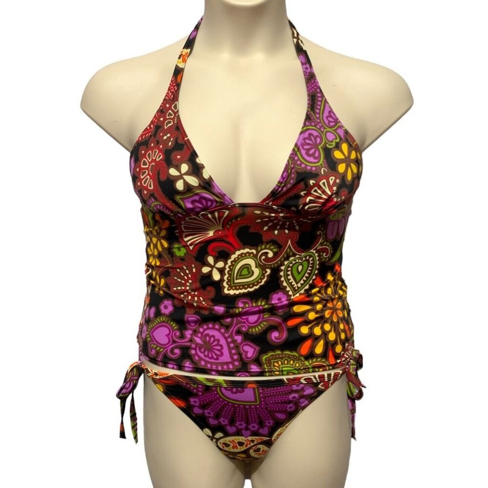 Victoria's Secret Sz M Brown Paisley Floral Halter 2 Pc Tankini Bikini Swimsuit